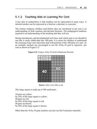 TOPIC 5 PERCENTAGES  81 
5.1.2 Teaching Aids in Learning Per Cent 
A key idea in mathematics is that numbers can be represented in many ways. A 
rational number can be expressed as a fraction, a decimal, or a percent. 
The content readiness children need before they are introduced to per cent is an 
understanding of both common and decimal fractions. The pedagogical readiness 
required is an understanding of the teaching aids they will use. 
During introductory and developmental activities each whole unit or set should be 
one that is easily subdivided into 100 parts. It is easier for children to understand 
the meaning of per cent when they deal with portions of the 100 parts of a unit. As 
an example, teachers are encouraged to use the 10-by-10 grid to represent per 
cent as shown in Figure 5.2: 
Figure 5.2: Using a 10-by-10 Grid to Represent Percents 
Source: http://www.bbc.co.uk 
This large square is made up of 100 small parts. 
10 parts are yellow. 
So 10% of the large square is yellow. 
40 parts are red. 
So 40% of the large square is red. 
50 parts are brown. 
So 50% of the large square is brown. 
Other than the 10-by-10 grid, teachers can also use the Cuisenaire materials. 
 