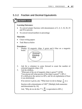 TOPIC 5 PERCENTAGES  87 
5.3.2 Fraction and Decimal Equivalents 
Learning Outcomes: 
 To convert proper fractions with denominators of 2, 4, 5, 10, 20, 25 
and 50 to percent. 
 To convert mixed numbers to percentage 
Materials: 
 Clean writing papers 
 Task Sheet as below 
Procedures: 
1. Display 10 magnetic chips, 4 green and 6 blue on a magnetic 
board. 
2. Ask for a volunteer to come forward to count the number of 
coloured magnetic chips. [10] 
3. Ask the children, 
“What part of the set of magnetic chips is green?” [ 4/10] 
“Can anyone tell what percent of the chips is green?” [ 40% ] 
If a child gives the answer as 40%, ask for an explaination of how 
it was determined. 
If no answer is given, ask, “What must we do to change 4 
10 
to a 
fraction with a denominator of 100?” [Multiply both numerator 
and denominator by 10]. 
Ask, “Why do we do this ?” [ 40 
100 
is equivalent to 40% ] 
ACTIVITY 5.4 
 