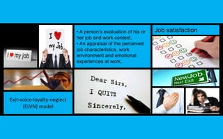 • A person’s evaluation of his or Job satisfaction 
her job and work context. 
• An appraisal of the perceived 
job characteristics, work 
environment and emotional 
experiences at work. 
Exit-voice-loyalty-neglect 
(ELVN) model 
 