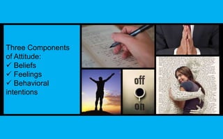 Three Components 
of Attitude: 
 Beliefs 
 Feelings 
 Behavioral 
intentions 
 