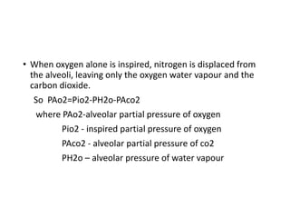 • When oxygen alone is inspired, nitrogen is displaced from
the alveoli, leaving only the oxygen water vapour and the
carbon dioxide.
So PAo2=Pio2-PH2o-PAco2
where PAo2-alveolar partial pressure of oxygen
Pio2 - inspired partial pressure of oxygen
PAco2 - alveolar partial pressure of co2
PH2o – alveolar pressure of water vapour
 