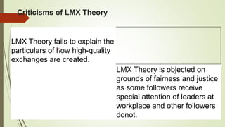 Criticisms of LMX Theory
LMX Theory fails to explain the
particulars of how high-quality
exchanges are created.
LMX Theory is objected on
grounds of fairness and justice
as some followers receive
special attention of leaders at
workplace and other followers
donot.
 