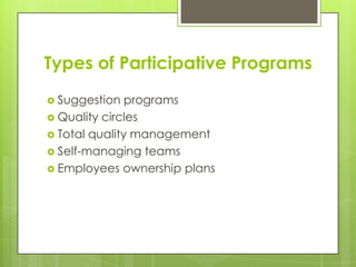 Types of Participative Programs
 Suggestion

programs
 Quality circles
 Total quality management
 Self-managing teams
 Employees ownership plans

 