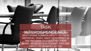 TASK 
INTERDEPENDENCE 
THE EXTENT TO WHICH TEAM MEMBERS 
MUST SHARE COMMON INPUTS TO THEIR 
INDIVIDUAL TASKS, NEED TO INTERACT IN 
THE PROCESS OF EXECUTING THEIR 
WORK, OR RECEIVE OUTCOMES THAT ARE 
PARTLY DETERMINED BY THE 
PERFORMMANCE OF OTHERS. 
 