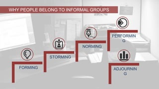 WHY PEOPLE BELONG TO INFORMAL GROUPS 
FORMING 
STORMING 
NORMING 
PERFORMIN 
G 
ADJOURNIN 
G 
 