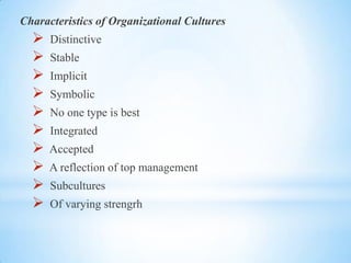 Characteristics of Organizational Cultures












Distinctive
Stable
Implicit

Symbolic
No one type is best
Integrated

Accepted
A reflection of top management
Subcultures
Of varying strengrh

 