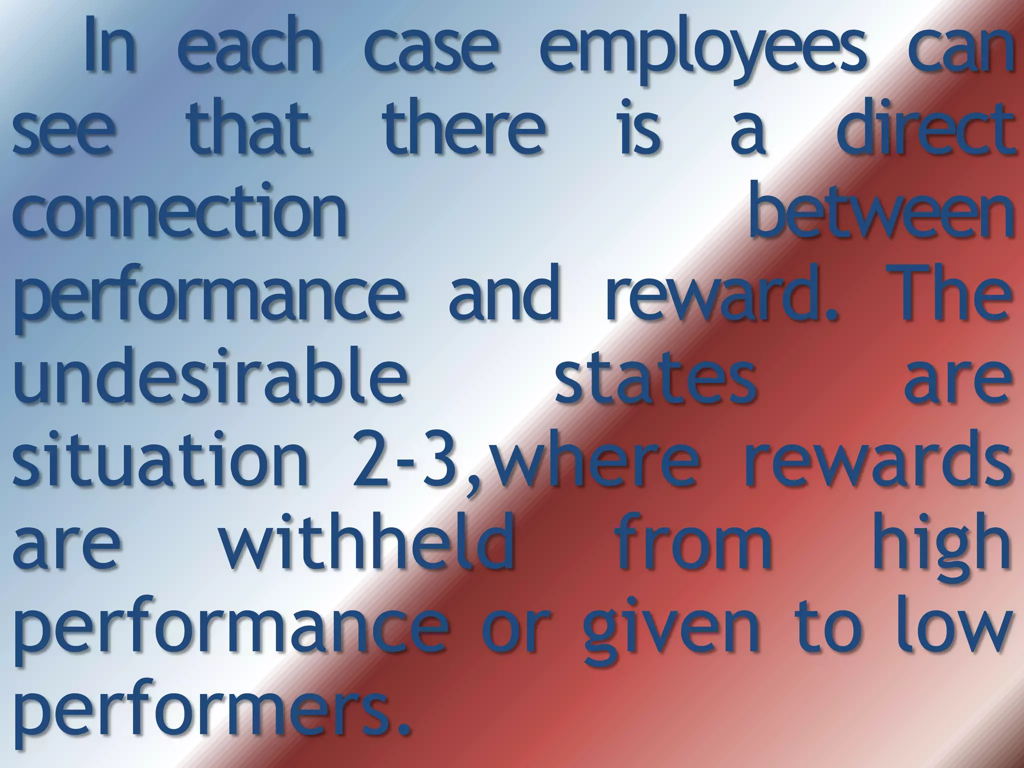 In each case employees can
see that there is a direct
connection between
performance and reward. The
undesirable states are
situation 2-3,where rewards
are withheld from high
performance or given to low
performers.
 