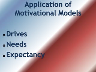 Application of
Motivational Models
Drives
Needs
Expectancy
 