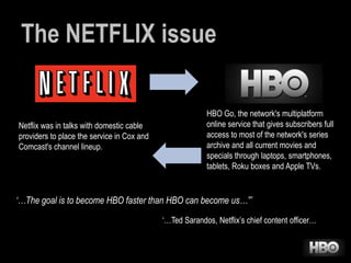 The NETFLIX issue

Netflix was in talks with domestic cable
providers to place the service in Cox and
Comcast's channel lineup.

HBO Go, the network's multiplatform
online service that gives subscribers full
access to most of the network's series
archive and all current movies and
specials through laptops, smartphones,
tablets, Roku boxes and Apple TVs.

‘…The goal is to become HBO faster than HBO can become us…”’
‘…Ted Sarandos, Netflix’s chief content officer…

 