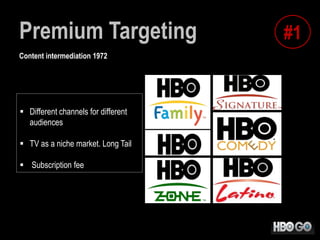 Premium Targeting
Content intermediation 1972

 Different channels for different
audiences
 TV as a niche market. Long Tail
 Subscription fee

#1

 