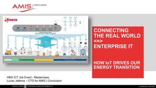 Classificatie: vertrouwelijk
CONNECTING
THE REAL WORLD
<=>
ENTERPRISE IT
HOW IoT DRIVES OUR
ENERGY TRANSITION
HBO ICT Job Event - Masterclass
Lucas Jellema – CTO for AMIS | Conclusion
 
