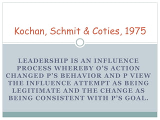 Kochan, Schmit & Coties, 1975 
LEADERSHIP IS AN INFLUENCE 
PROC ES S WHEREBY O’ S AC T ION 
CHANGED P ’ S BEHAVIOR AND P VIEW 
THE INFLUENCE ATTEMPT AS BEING 
LEGITIMATE AND THE CHANGE AS 
BEING CONS I S TENT WI TH P ’ S GOAL . 
 
