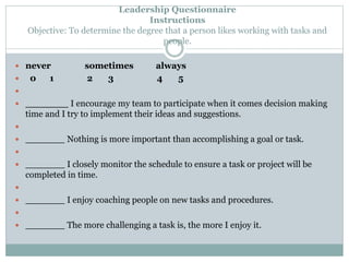 Leadership Questionnaire 
Instructions 
Objective: To determine the degree that a person likes working with tasks and 
people. 
 never sometimes always 
 0 1 2 3 4 5 
 
 _______ I encourage my team to participate when it comes decision making 
time and I try to implement their ideas and suggestions. 
 
 _______ Nothing is more important than accomplishing a goal or task. 
 
 _______ I closely monitor the schedule to ensure a task or project will be 
completed in time. 
 
 _______ I enjoy coaching people on new tasks and procedures. 
 
 _______ The more challenging a task is, the more I enjoy it. 
 