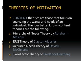THEORIES OF MOTIVATION
 CONTENT theories are those that focus on
analyzing the wants and needs of an
individual.The four better known content
theories are the following:
1. Hierarchy of NeedsTheory by Abraham
Maslow
2. ERGTheory of Clayton Alderfer
3. Acquired NeedsTheory of David L.
McClelland
4. Two-FactorTheory of Frederick Herzberg
 