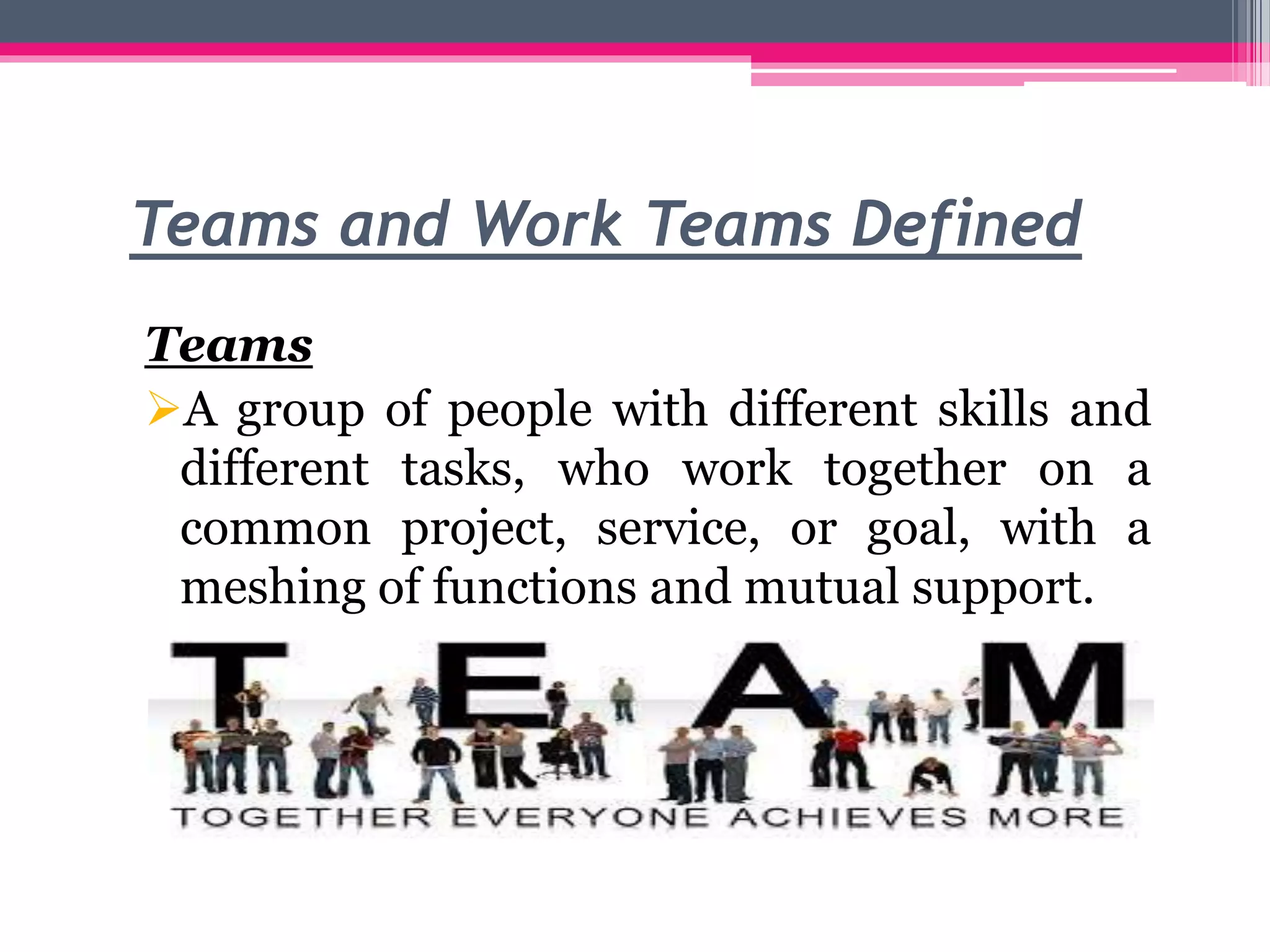 Teams and Work Teams Defined
Teams
A group of people with different skills and
different tasks, who work together on a
common project, service, or goal, with a
meshing of functions and mutual support.
 