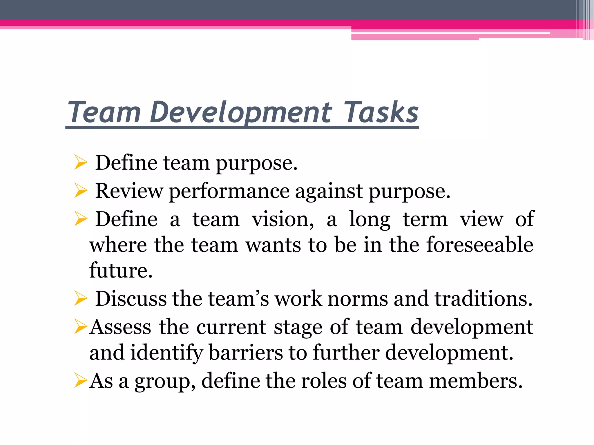 Team Development Tasks
 Define team purpose.
 Review performance against purpose.
 Define a team vision, a long term view of
where the team wants to be in the foreseeable
future.
 Discuss the team’s work norms and traditions.
Assess the current stage of team development
and identify barriers to further development.
As a group, define the roles of team members.
 