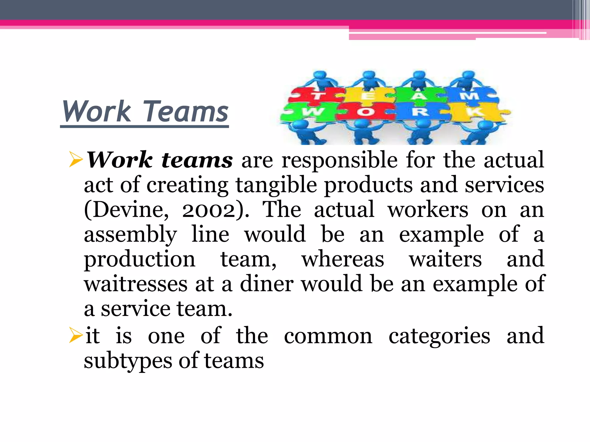 Work Teams
Work teams are responsible for the actual
act of creating tangible products and services
(Devine, 2002). The actual workers on an
assembly line would be an example of a
production team, whereas waiters and
waitresses at a diner would be an example of
a service team.
it is one of the common categories and
subtypes of teams
 