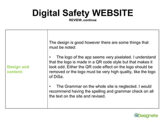 Digital Safety WEBSITE 
REVIEW..continue 
Design and 
content: 
The design is good however there are some things that 
must be noted: 
• The logo of the app seems very pixelated. I understand 
that the logo is made in a QR code style but that makes it 
look odd. Either the QR code effect on the logo should be 
removed or the logo must be very high quality, like the logo 
of DiSa. 
• The Grammar on the whole site is neglected. I would 
recommend having the spelling and grammar check on all 
the text on the site and revised. 
 