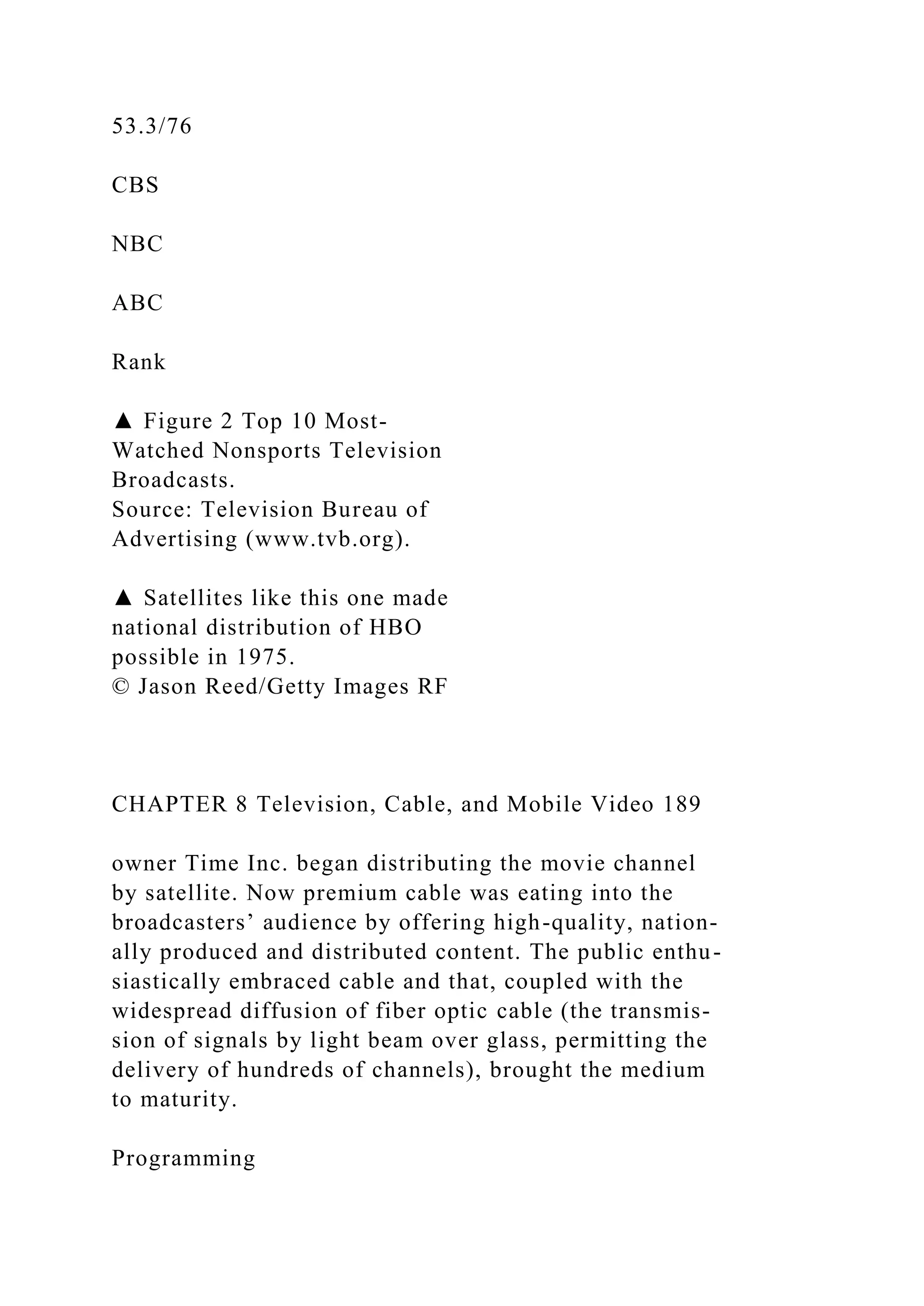 53.3/76
CBS
NBC
ABC
Rank
▲ Figure 2 Top 10 Most-
Watched Nonsports Television
Broadcasts.
Source: Television Bureau of
Advertising (www.tvb.org).
▲ Satellites like this one made
national distribution of HBO
possible in 1975.
© Jason Reed/Getty Images RF
CHAPTER 8 Television, Cable, and Mobile Video 189
owner Time Inc. began distributing the movie channel
by satellite. Now premium cable was eating into the
broadcasters’ audience by offering high-quality, nation-
ally produced and distributed content. The public enthu-
siastically embraced cable and that, coupled with the
widespread diffusion of fiber optic cable (the transmis-
sion of signals by light beam over glass, permitting the
delivery of hundreds of channels), brought the medium
to maturity.
Programming
 