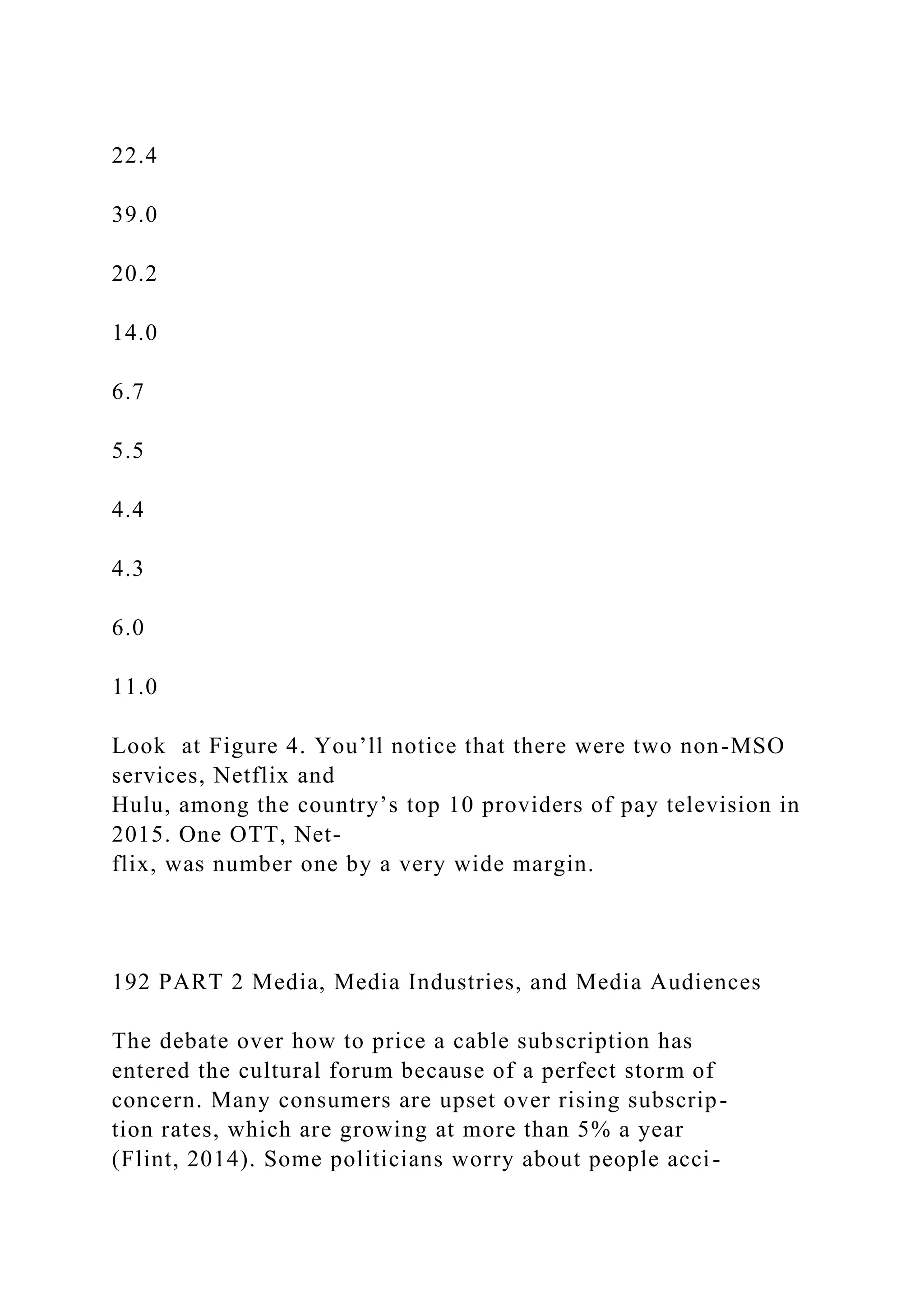 22.4
39.0
20.2
14.0
6.7
5.5
4.4
4.3
6.0
11.0
Look at Figure 4. You’ll notice that there were two non-MSO
services, Netflix and
Hulu, among the country’s top 10 providers of pay television in
2015. One OTT, Net-
flix, was number one by a very wide margin.
192 PART 2 Media, Media Industries, and Media Audiences
The debate over how to price a cable subscription has
entered the cultural forum because of a perfect storm of
concern. Many consumers are upset over rising subscrip-
tion rates, which are growing at more than 5% a year
(Flint, 2014). Some politicians worry about people acci-
 