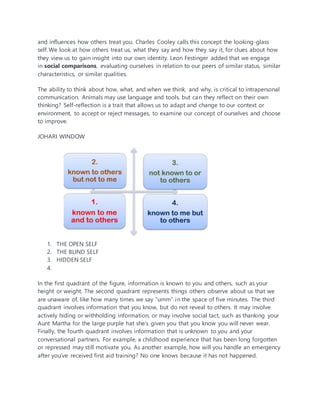 and influences how others treat you. Charles Cooley calls this concept the looking-glass
self.We look at how others treat us, what they say and how they say it, for clues about how
they view us to gain insight into our own identity. Leon Festinger added that we engage
in social comparisons, evaluating ourselves in relation to our peers of similar status, similar
characteristics, or similar qualities.
The ability to think about how, what, and when we think, and why, is critical to intrapersonal
communication. Animals may use language and tools, but can they reflect on their own
thinking? Self-reflection is a trait that allows us to adapt and change to our context or
environment, to accept or reject messages, to examine our concept of ourselves and choose
to improve.
JOHARI WINDOW
1. THE OPEN SELF
2. THE BLIND SELF
3. HIDDEN SELF
4.
In the first quadrant of the figure, information is known to you and others, such as your
height or weight. The second quadrant represents things others observe about us that we
are unaware of, like how many times we say “umm” in the space of five minutes. The third
quadrant involves information that you know, but do not reveal to others. It may involve
actively hiding or withholding information, or may involve social tact, such as thanking your
Aunt Martha for the large purple hat she’s given you that you know you will never wear.
Finally, the fourth quadrant involves information that is unknown to you and your
conversational partners. For example, a childhood experience that has been long forgotten
or repressed may still motivate you. As another example, how will you handle an emergency
after you’ve received first aid training? No one knows because it has not happened.
 