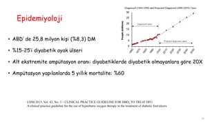 Epidemiyoloji
• ABD’ de 25,8 milyon kişi (%8,3) DM
• %15-25’i diyabetik ayak ülseri
• Alt ekstremite ampütasyon oranı: diyabetiklerde diyabetik olmayanlara göre 20X
• Ampütasyon yapılanlarda 5 yıllık mortalite: %60
UHM 2015, Vol. 42, No. 3 – CLINICAL PRACTICE GUIDELINE FOR HBO2 TO TREAT DFU
A clinical practice guideline for the use of hyperbaric oxygen therapy in the treatment of diabetic foot ulcers
12
 