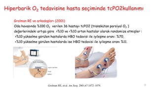 Hiperbarik O2 tedavisine hasta seçiminde tcPO2kullanımı
Grolman RE ve arkadaşları (2001)
Oda havasında %100 O2 verilen 36 hastayı tcPO2 (transkütan parsiyal O2 )
değerlerindeki artışa göre >%10 ve <%10 artan hastalar olarak randomize etmişler :
>%10 yükselme görülen hastalarda HBO tedavisi ile iyileşme oranı: %70,
<%10 yükselme görülen hastalarda ise HBO tedavisi ile iyileşme oranı %11.
Grolman RE, et al. Am Surg. 2001;67:1072–1079. 18
 