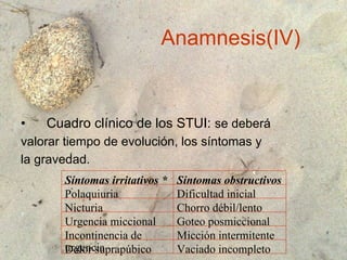 Anamnesis(IV) Cuadro clínico de los STUI:  se deberá valorar tiempo de evolución, los síntomas y  la gravedad. T Síntomas irritativos * Síntomas obstructivos Polaquiuria Dificultad inicial Nicturia Chorro débil/lento Urgencia miccional Goteo posmiccional Incontinencia de urgencia Micción intermitente Dolor suprapúbico Vaciado incompleto 