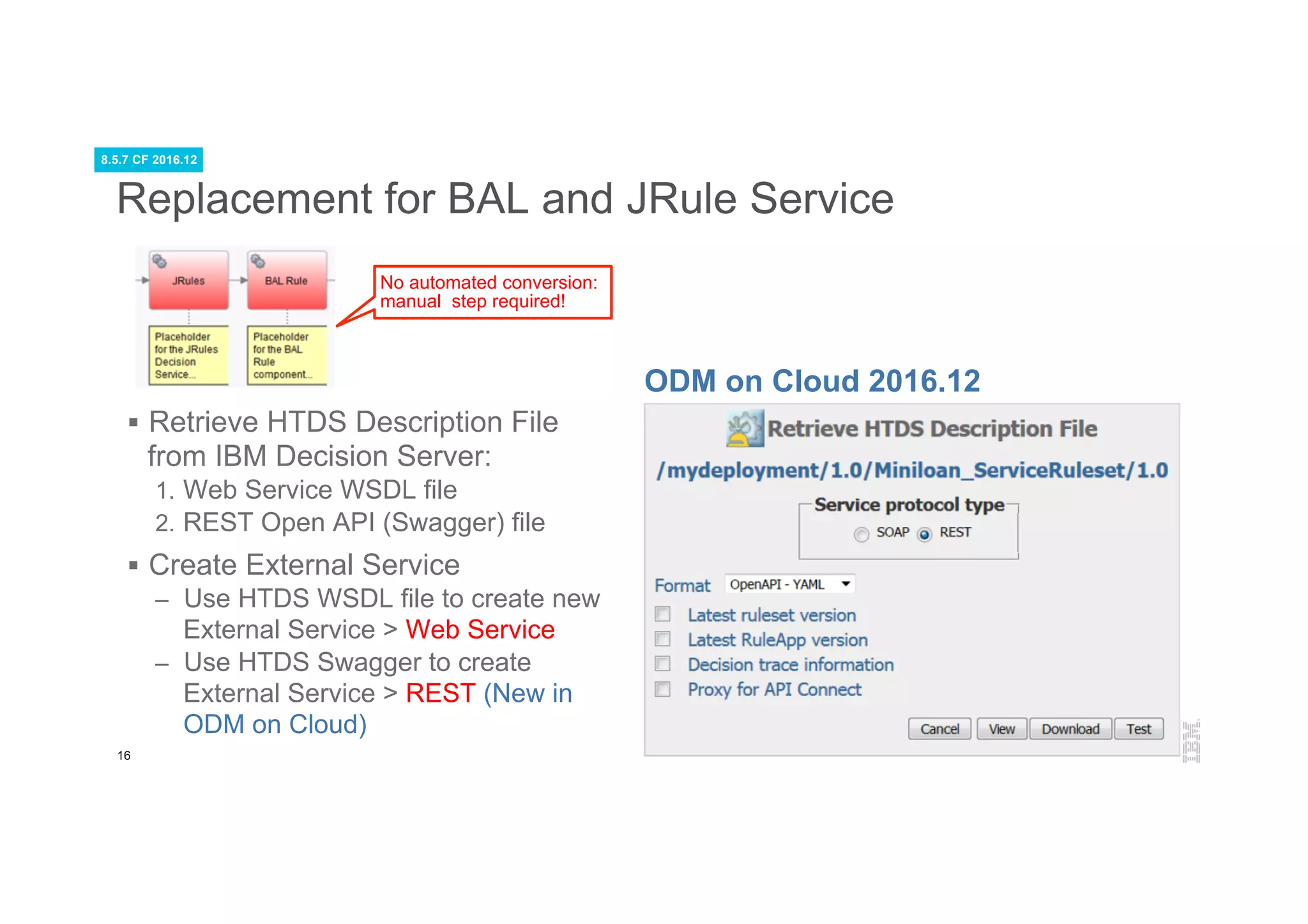 16
Replacement for BAL and JRule Service
§  Retrieve HTDS Description File
from IBM Decision Server:
1.  Web Service WSDL file
2.  REST Open API (Swagger) file
§  Create External Service
–  Use HTDS WSDL file to create new
External Service > Web Service
–  Use HTDS Swagger to create
External Service > REST (New in
ODM on Cloud)
No automated conversion:
manual step required!
ODM on Cloud 2016.12
8.5.7 CF 2016.12
 