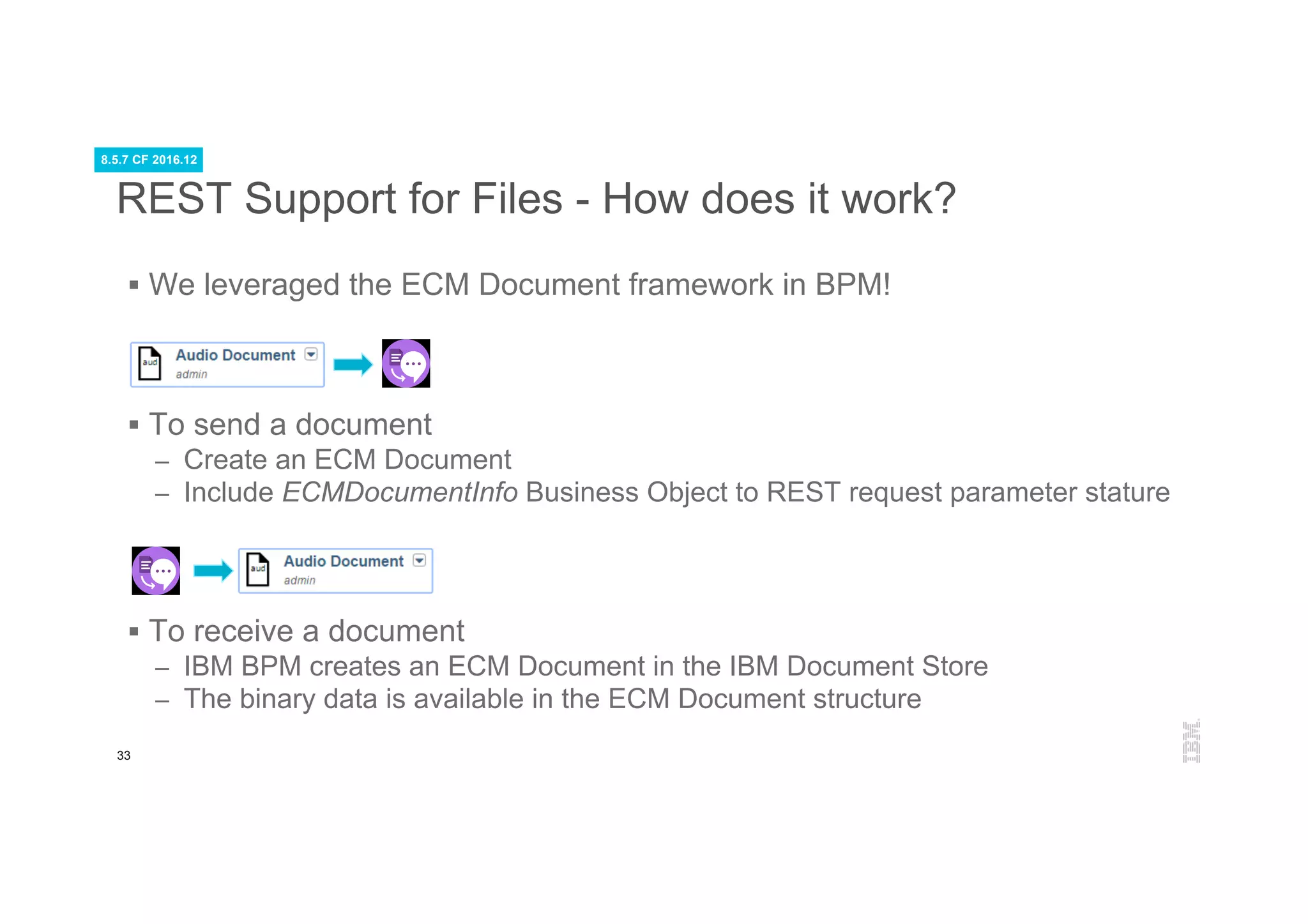 33
REST Support for Files - How does it work?
§  We leveraged the ECM Document framework in BPM!
§  To send a document
–  Create an ECM Document
–  Include ECMDocumentInfo Business Object to REST request parameter stature
§  To receive a document
–  IBM BPM creates an ECM Document in the IBM Document Store
–  The binary data is available in the ECM Document structure
8.5.7 CF 2016.12
 