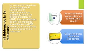 Inhibidores
de
la
5α-
reductasa
La enzima 5α-reductasa
es la encargada de
transformar la
testosterona en su
metabolito activo, la
dihidrotestosterona
(DHT). La concentración
de DHT se encuentra
aumentada en la HBP
debido a un aumento de
la actividad de la 5-α-
reductasa.
Es un inhibidor
competitivo de
la isoenzima
tipo II
Es un inhibidor
de ambas
isoenzimas.
 