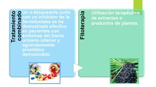 Tratamiento
combinado
Un α-bloqueante junto
con un inhibidor de la
5α-reductasa se ha
demostrado efectivo
en pacientes con
síntomas del tracto
urinario inferior y
agrandamiento
prostático
demostrable.
Fitoterapia
Utilización terapéutica
de extractos o
productos de plantas.
 