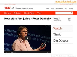 TED-Ed
23
 ―Peter Donnelly shows how stats fool
juries‖
Credits: TED Conferences, LLC, Used under
education.ted.com
 