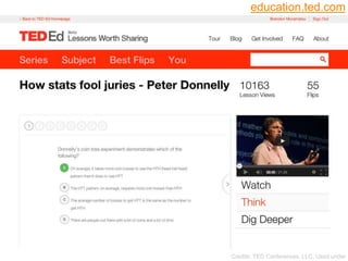 TED-Ed
24
 Quiz for ―Peter Donnelly shows how stats fool
juries‖
Credits: TED Conferences, LLC, Used under
education.ted.com
 