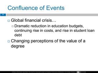 Unless otherwise specified, this work is licensed under a Creative Commons Attribution 3.0 United States License.
Confluence of Events
 Global financial crisis…
 Dramatic reduction in education budgets,
continuing rise in costs, and rise in student loan
debt
 Changing perceptions of the value of a
degree
8
 