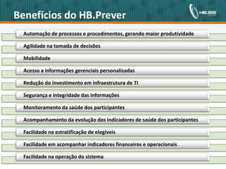 Benefícios do HB.Prever
                   Automação de processos e procedimentos, gerando maior produtividade

                   Agilidade na tomada de decisões

                   Mobilidade

                   Acesso a informações gerenciais personalizadas

                   Redução do investimento em infraestrutura de TI

                   Segurança e integridade das informações

                   Monitoramento da saúde dos participantes

                   Acompanhamento da evolução dos indicadores de saúde dos participantes

                   Facilidade na estratificação de elegíveis

                   Facilidade em acompanhar indicadores financeiros e operacionais

                   Facilidade na operação do sistema
Copyright© 2010 HBSIS. Todos os direitos reservados.       8                               Fonte: Área de Lotação
 