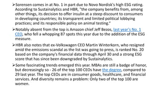 Sorensen comes in at No. 1 in part due to Novo Nordisk's high ESG rating.
According to Sustainalytics and HBR, "the company benefits from, among
other things, its decision to offer insulin at a steep discount to consumers
in developing countries; its transparent and limited political lobbying
practices; and its responsible policy on animal testing.“
Notably absent from the top is Amazon chief Jeff Bezos, last year's No. 1
CEO, who fell a whopping 87 spots this year due to the addition of the ESG
measure.
HBR also notes that ex-Volkswagen CEO Martin Winterkorn, who resigned
amid the emissions scandal as the list was going to press, is ranked No. 20
based on the company's financial data through April 30 and a strong ESG
score that has since been downgraded by Sustainalytics.
Some fascinating trends emerged this year. MBAs are still a badge of honor,
but decreasingly so - 26 of the top 100 CEOs have the degree, compared to
29 last year. The top CEOs are in consumer goods, healthcare, and financial
services. And diversity remains a problem: Only two of the top 100 are
women.
 