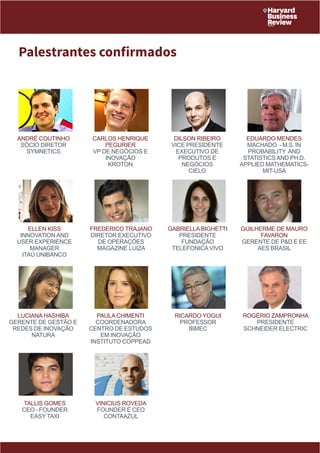 Palestrantes confirmados 
André Coutinho 
Sócio Diretor 
Symnetics 
Carlos Henrique 
Pegurier 
VP de Negócios e 
Inovação 
Kroton 
Dilson Ribeiro 
Vice Presidente 
Executivo de 
Produtos e 
Negócios 
Cielo 
Eduardo Mendes 
Machado - M.S. in 
Probability and 
Statistics and Ph.D. 
Applied Mathematics- 
MIT-USA 
Ellen Kiss 
Innovation and 
User Experience 
Manager 
Itaú Unibanco 
Frederico Trajano 
Diretor Executivo 
de Operações 
Magazine Luiza 
Gabriella Bighetti 
presidente 
Fundação 
Telefonica Vivo 
Guilherme de Mauro 
Favaron 
Gerente de P&D e EE 
AES Brasil 
Luciana Hashiba 
Gerente de Gestão e 
Redes de Inovação 
Natura 
Paula Chimenti 
Coordenadora 
Centro de Estudos 
em Inovação 
Instituto COPPEAD 
Ricardo Yogui 
Professor 
IBMEC 
Rogério Zampronha 
Presidente 
Schneider Electric 
Tallis Gomes 
CEO - Founder 
Easy Taxi 
Vinicius Roveda 
Founder e CEO 
ContaAzul 
 