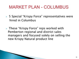  5 Special “Krispy Force” representatives were
hired in Columbus
 These “Krispy Force” reps worked with
Pemberton regional and district sales
managers and focused solely on selling the
new Krispy Natural product line
38
 