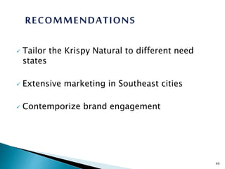  Tailor the Krispy Natural to different need
states
 Extensive marketing in Southeast cities
 Contemporize brand engagement
49
 