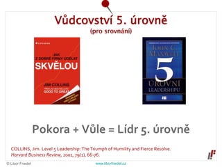 © Libor Friedel www.liborfriedel.cz
Vůdcovství 5. úrovně
(pro srovnání)
Pokora + Vůle = Lídr 5. úrovně
COLLINS, Jim. Level 5 Leadership: TheTriumph of Humility and Fierce Resolve.
Harvard Business Review, 2001, 79(1), 66-76.
 