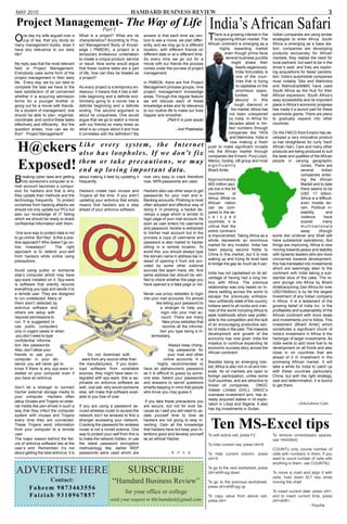 MAY 2010                                                                  HAMDARD BUSINESS REVIEW                                                                                                           3

 Project Management- The Way of Life
                Part I                                                                                                     India’s African Safari
O     ne day my wife argued over a
      cup of tea, that you study so
                                          What is a project? What are its
                                          characteristics? According to Proj-
                                                                                  answer is that each time we ven-
                                                                                  ture to see a movie, we plan differ-     T   here is a growing interest in the
                                                                                                                               burgeoning African market. The
                                                                                                                           African continent is emerging as a
                                                                                                                                                                      Indian companies are using similar
                                                                                                                                                                      strategies to enter Africa. South
                                                                                                                                                                      Africa is emerging as a base sta-
many management books; does it            ect Management Body of Knowl-           ently, and we may go to a different
have any relevance to our daily           edge ( PMBOK), a project is a           location, with different friends on             highly rewarding market             tion; companies are developing
life?                                     temporary endeavour undertaken          different date or at a different time.              even though prima facie         products exclusively for African
                                          to create a unique product, service     So every time we go out for a                       several business pundits        markets; they realise the need for
My reply was that the most relevant       or result. Now some would argue         movie with our friends the process                       might shake their          local partners, but want to be in the
field is Project Management.              that these routine tasks are a part     comes under the purview of project                          heads sagaciously.      driver’s seat; and they are explor-
Everybody uses some form of the           of life, how can they be treated as     management.                                                 India fortunately is    ing acquisitions for faster penetra-
project management in their daily         a project?                                                                                           one of the coun-       tion. India’s automobile companies
life. Every day, we try our best to                                               In PMBOK, there are five Project                             tries that is trying   most notably Tata and Mahindra
complete the task we have to the          As every project is a temporary en-     Management process groups, nine                              to capitalise on the   and Mahindra(M&M) have used
best satisfaction of all concerned        deavour, it means that it has a def-    project management knowledge                                 enormous oppor-        South Africa as the Hub for their
whether it is acquiring admission         inite beginning and a definite end.     areas. Through this regular feature                         tunities         that   African expansion, South Africa’s
forms for a younger brother or            Similarly going to a movie has a        we will discuss each of these                               abound in this          easy accessibility and its important
going out for a movie with friends.       definite beginning and a definite       knowledge areas and its relevance                          rough diamond in         place in Africa’s economic progress
As a student of management, one           ending. The second argument is          to our routine life to make our lives                    the market. Africa has     has made it a launch pad for these
should be able to plan, organise,         about its uniqueness. One would         happier and smoother.                                   not been unexplored         automobile giants. There are plans
coordinate, and control these tasks       argue that we go to watch a movie                      (Part-II in june issue)                 by India, In Africa for      to gradually expand into other
effectively and efficiently. But the      with our friends so many times so                                                              decades albeit in lim-       countries.
question arises, how can we do            what is so unique about it and how                          - Anil Prabhakar                  ited numbers through
this? Project Management!                 it correlates with the definition? My                                                         companies like TATA           On the FMCG front Emami has de-
                                                                                                                                          and Mahindra. India is      veloped a very innovative product


 H@ckers Lliskoe heavselroyo pshyos lteesm. ,I ft h ee dIonnt e’tr nf iext
                                                                                                                                          now making a fresh          (a hair straightener for curly ‘hard’
                                                                                                                           push to make significant inroads           African hair), Cars and many other
          a                                       w                                                                        into the African market through
                                                                                                                           companies like Emami, Punj Lloyd,
                                                                                                                                                                      products are being produced to suit
                                                                                                                                                                      the taste and qualities of the African


 Exposed! e n d u p l o s i n g i m p o r t a n t d a t a .
          them or take precautions, we may                                                                                 Marico, Godrej, UB group and most
                                                                                                                           significantly
                                                                                                                           Bharti Airtel.
                                                                                                                                                                      people in varying geographic
                                                                                                                                                                                         zones. There are
                                                                                                                                                                                         several       Indian
                                                                                                                                                                                         companies enter-
B   reaking cyber laws and getting
    into someone’s computer or e-
mail account becomes a compul-
                                          about making it best by updating it
                                          frequently.
                                                                                  now very easy to crack therefore
                                                                                  now, WPA passwords are used.
                                                                                                                           Approximately
                                                                                                                           900 million peo-
                                                                                                                                                                                         ing the African
                                                                                                                                                                                         Market and to date
                                                                                                                           ple live in the 54                                            there seems to be
sion for hackers and that is why          Hackers create new viruses and          Hackers also use other ways to get
                                                                                                                           countries       of                                            USD 17 billion.
they update their methods and the         Trojans all the time. If you aren’t     passwords for your mail and e-
                                                                                                                           Africa. While no                                              Africa is a difficult,
technology frequently. To protect         updating your antivirus that simply     Banking accounts. Phishing is most
                                                                                                                           African nation                                                even hostile ter-
ourselves from hacking attacks we         means that hackers are a step           often adopted and effective way of
                                                                                                                           can be com-                                                   rain. Political in-
should not only update our PCs but        ahead of your antivirus software.       doing it. In phishing, a hacker de-
                                                                                                                           pared to the de-                                              stability        and
also our knowledge of IT failing                                                  velops a page which is similar to
                                                                                                                           v e l o p e d                                                 violence        have
which we should be ready to share                                                 login page of your mail account. As
                                                                                                                           countries, it is                                              scared         many
confidential information with them.                                               soon as user enters his username
                                                                                                                           untrue that the                                               multinationals
                                                                                  and password, he/she is redirected
                                                                                                                           entire continent                                              away        (though
 One sure way to protect data is not                                              to his/her mail account but in the
                                                                                                                           is impoverished. Taking Africa as a        some like Unilever and Shell still
to go online. But Hey! Is this a pos-                                             process a copy of username and
                                                                                                                           whole represents an enormous               have substantial operations). But
itive approach? Who doesn’t go on-                                                password is also mailed to hacker
                                                                                                                           market for any investor. India has         things are improving, Africa is now
line nowadays?           The right                                                sitting in a remote location. To
                                                                                                                           been playing second fiddle to              moving towards peace and stability
approach is to defend your-self                                                   avoid this, you should always type
                                                                                                                           China in this market, but it is now        with dynamic leaders who are more
from hackers while online using                                                   the domain name in address bar in-
                                                                                                                           waking up and trying its level best        concerned towards development,
precautions.                                                                      stead of opening it from link pro-
                                                                                                                           to bridge the gap as much as it can.       this has translated into investments
                                                                                  vided by some other external
                                                                                                                                                                      which are seemingly alien to the
Avoid using public or someone                                                     sources like spam mails, etc. And
                                                                                                                           India has not capitalised on its ad-       continent with India taking a sub-
else’s computer which may have                                                    same address bar should be veri-
                                                                                                                           vantage of having had a long his-          stantial slice of the cake. The re-
spy-ware installed on it. Spy-ware                                                fied to check whether the page you
                                                                                                                           tory with Africa. The previous             cent plunge into Africa by Bharti
is software that silently records                                                 have opened is a fake page or not.
                                                                                                                           relationship was only based on In-         Airtel(acquiring Zain Africa for over
everything you type and sends it to
                                                                                                                           dians settling across the world to         USD10billion) is by far the largest
a remote user. They are designed                                                  Never use proxy websites to login
                                                                                                                           escape the previously entrepre-            investment of any Indian company
to run undetected. Many of                                                        into your mail accounts. It’s almost
                                                                                                                           neur-unfriendly state of the country.      in Africa. It is a testament of the
them aren’t detected by                                                                   like telling your password to
                                                                                                                           Indians went to all nooks and cran-        growing belief of India Inc. in the
antivirus software and                                                                       a stranger to help you
                                                                                                                           nies of the world including Africa to      profitability and sustainability of the
others are setup with                                                                         login into your mail ac-
                                                                                                                           seek livelihoods which was prefer-         African continent with more deals
required permissions to                                                                       count. There are many
                                                                                                                           able to the competition and the lack       and investments und to follow. This
run. It is suggested to                                                                        fake proxy websites that
                                                                                                                           of an encouraging productive sec-          investment (Bharti Airtel) which
use public computers                                                                           records all the informa-
                                                                                                                           tor of India in the past. The massive      constitutes a significant chunk of
only in urgent cases or when                                                                 tion you type being a in-
                                                                                                                           development and growth of the              India’s investment in Africa is the
 you don’t need to type                                                                termediary.
                                                                                                                           economy has now given India the            harbinger of larger investments. As
confidential informa-
                                                                                                                           impetus to continue expanding its          India wants to add more fuel to its
tion like passwords.                                                                               Always keep chang-
                                                                                                                           economic success story across the          development on all fronts and also
Also, don’t allow your                                                                             ing passwords for
                                                                                                                           African continent.                         close in on countries that are
friends to use your                             Do not download soft-                              your mail and other
                                                                                                                                                                      ahead of it in investment in the
computer in your ab-                        ware from any source other than                     online accounts. It is
                                                                                                                           Besides being an emerging mar-             promising African market. It will
sence; you will never get to              the manufacturers. If you down-                  highly recommended to
                                                                                                                           ket, Africa is also rich in oil and min-   take a while for India to catch up
know if there is any spy-ware in-         load software from unreliable           have an alphanumeric password
                                                                                                                           erals. Its oil markets are open to         with these countries particularly
stalled on your computer even if          sources, they might have been in-       as it is difficult to guess by some-
                                                                                                                           foreign participation, unlike some         China, but with the right strategy,
you have an antivirus.                    tegrated with spy-ware, this is ap-     one else. Select your passwords
                                                                                                                           Gulf countries, and are attractive to      zeal and determination, it is bound
                                          plicable on antivirus software as       and answers to secret questions
                                                                                                                           Indian oil companies.            ONGC      to get there.
Don’t let a stranger to connect           well. Just ask- why would someone       smartly keeping in mind that people
                                                                                                                           Videsh Limited (OVL), ONGC’s
his/her external storage media to         else, will make that software avail-    who know you may guess it.
                                                                                                                           overseas investment arm, has al-
your computer. Hackers often              able to you free of cost.
                                                                                                                           ready acquired stakes in oil explo-
setup Viruses and Trojans on exter-                                                If you take these precautions you                                                                  - Abdulrahman Gafai
                                                                                                                           ration in Libya and Nigeria. It also
nal media like pen-drives in such a       If you are using a password se-         are secure, but not for ever be-
                                                                                                                           has big investments in Sudan.
way that they infect the computer         cured wireless router to access the     cause as I said you will need to up-
system with viruses and Trojans           network don’t be amazed to find a       date yourself time to time as
every time they are connected.
These Trojans send information
from your computer to a remote
user.
                                          stranger accessing your network.
                                          Cracking the password for wireless
                                          router is not a rocket science. One
                                          way to protect your-self from this is
                                                                                  hackers are not going to stop in-
                                                                                  venting. Gain all the knowledge
                                                                                  that hackers have but keep your in-
                                                                                  tentions good and develop yourself
                                                                                                                            Ten MS-Excel tips
                                                                                                                           To edit active cell, press F2              To remove unnecessary spaces,
The major reason behind the fail-         to make the network hidden, or use      as an ethical Hacker.                                                               use =trim(text)
ure of antivirus software lies at the     the latest password encryption                                                   To hide current row, press ctrl+9
user’s end. Remember, it’s not            methodology like, earlier WEP                                                                                               COUNT() only counts number of
about getting the best antivirus; it is   passwords were used which are                          - B . P. S . K .          To hide current column, press              cells with numbers in them, if you
                                                                                                                           ctrl+0                                     want to count number of cells with
                                                                                                                                                                      anything in them, use COUNTA()

ADVERTISE HERE                                                          SUBSCRIBE                                          To go to the next worksheet, press
                                                                                                                           ctrl+shift+pg down                         To move a chart and align it with
                                                                                                                                                                      cells, hold down ALT key while
               Contact:                                       “Hamdard Business Review”                                    To go to the previous worksheet,           moving the chart
         Faheem 9873463556                                                                                                 press ctrl+shift+pg up
                                                                      for your office or college                                                                      To insert current date, press ctrl+;
         Faiziab 9310967857                                                                                                To copy value from above cell,             and to insert current time, press
                                                             send your request to hbr.hamdard@gmail.com                    press ctrl+’                               ctrl+shift+;
                                                                                                                                                                                            - Psyche
 