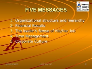 FIVE MESSAGES Organizational structure and hierarchy Financial Results The leader’s Sense of His/her Job Time Management Corporate Culture 