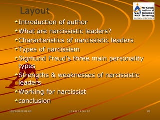 Introduction of author What are narcissistic leaders? Characteristics of narcissistic leaders Types of narcissism  Sigmund Freud’s three main personality types Strengths & weaknesses of narcissistic leaders Working for narcissist  conclusion 