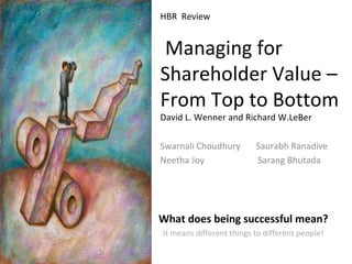 HBR  Review  Managing for Shareholder Value – From Top to Bottom David L. Wenner and Richard W.LeBer What does being successful mean? It means different things to different people! Swarnali Choudhury  Saurabh Ranadive Neetha Joy  Sarang Bhutada 