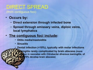 DIRECT SPREAD (from contiguous foci) Occurs by: Direct extension through infected bone Spread through emissary veins, diploic veins, local lymphatics The contiguous foci include : Otitis media/mastoiditis  Sinusitis Dental infection (<10%), typically with molar infections  Meningitis rarely complicated by brain abscess  (more common in neonates with  Citrobacter diversus  meningitis, of whom 70% develop brain abscess) 