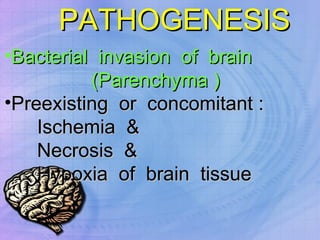 PATHOGENESIS Bacterial  invasion  of  brain (Parenchyma ) Preexisting  or  concomitant : Ischemia  & Necrosis  &  Hypoxia  of  brain  tissue 