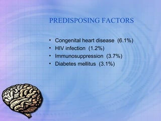 PREDISPOSING FACTORS Congenital heart disease  (6.1%)  HIV infection  (1.2%)  Immunosuppression  (3.7%)  Diabetes mellitus  (3.1%)  