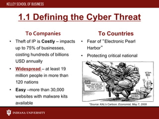 To Companies To Countries
• Theft of IP is Costly – impacts
up to 75% of businesses,
costing hundreds of billions
USD annually
• Widespread – at least 19
million people in more than
120 nations
• Easy –more than 30,000
websites with malware kits
available
• Fear of “Electronic Pearl
Harbor”
• Protecting critical national
infrastructure
1.1 Defining the Cyber Threat
*Source: KAL’s Cartoon, Economist, May 7, 2009