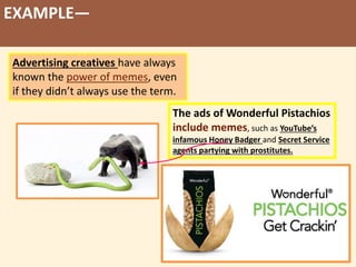 EXAMPLE—
Advertising creatives have always
known the power of memes, even
if they didn’t always use the term.
The ads of Wonderful Pistachios
include memes, such as YouTube’s
infamous Honey Badger and Secret Service
agents partying with prostitutes.
 